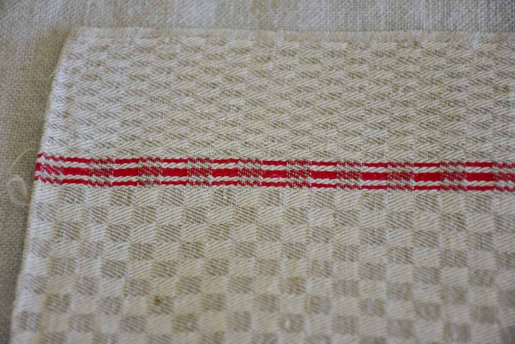 Set of eight antique French teatowels - checkered with red stripes