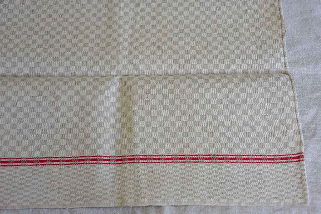 Set of eight antique French teatowels - checkered with red stripes