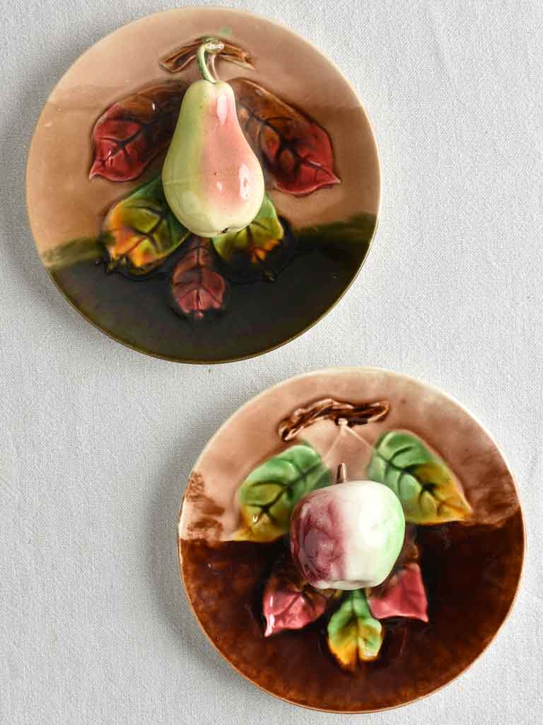 Antique sculptural Pear & apple barbotine wall plates - 8¼"
