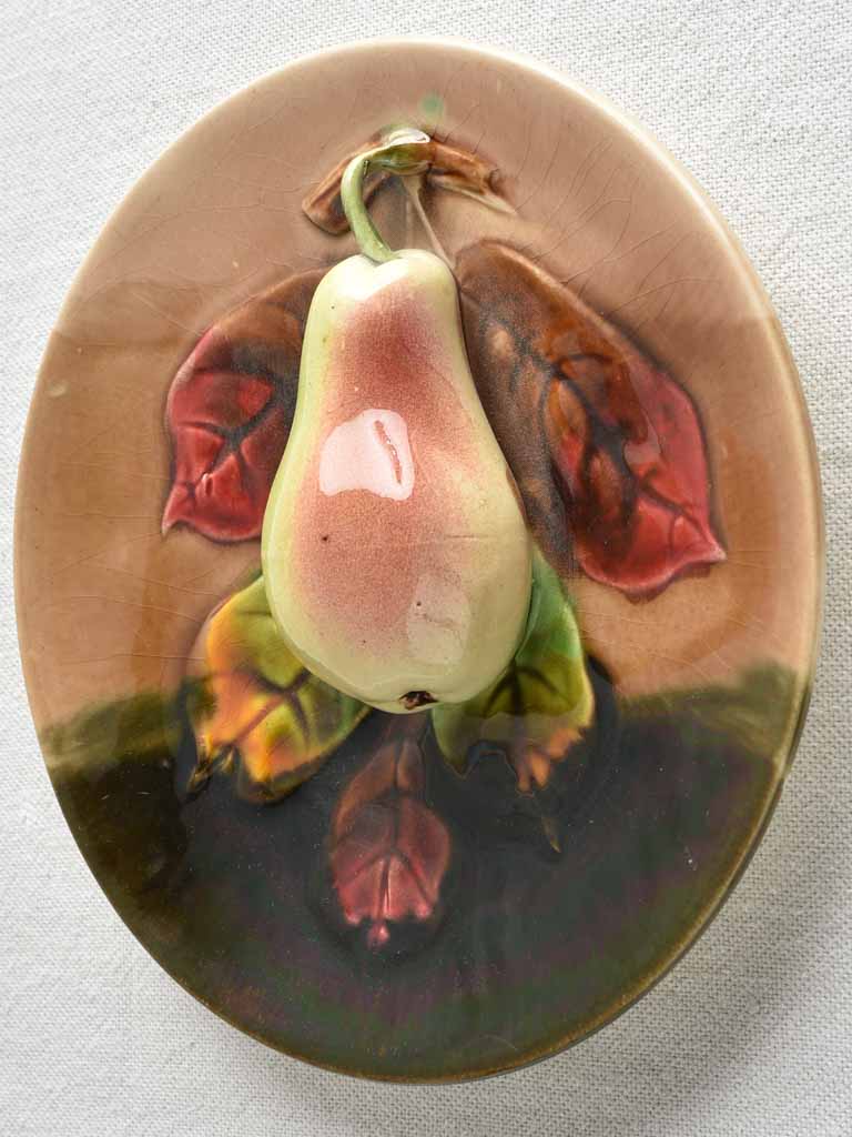 Antique sculptural Pear & apple barbotine wall plates - 8¼"