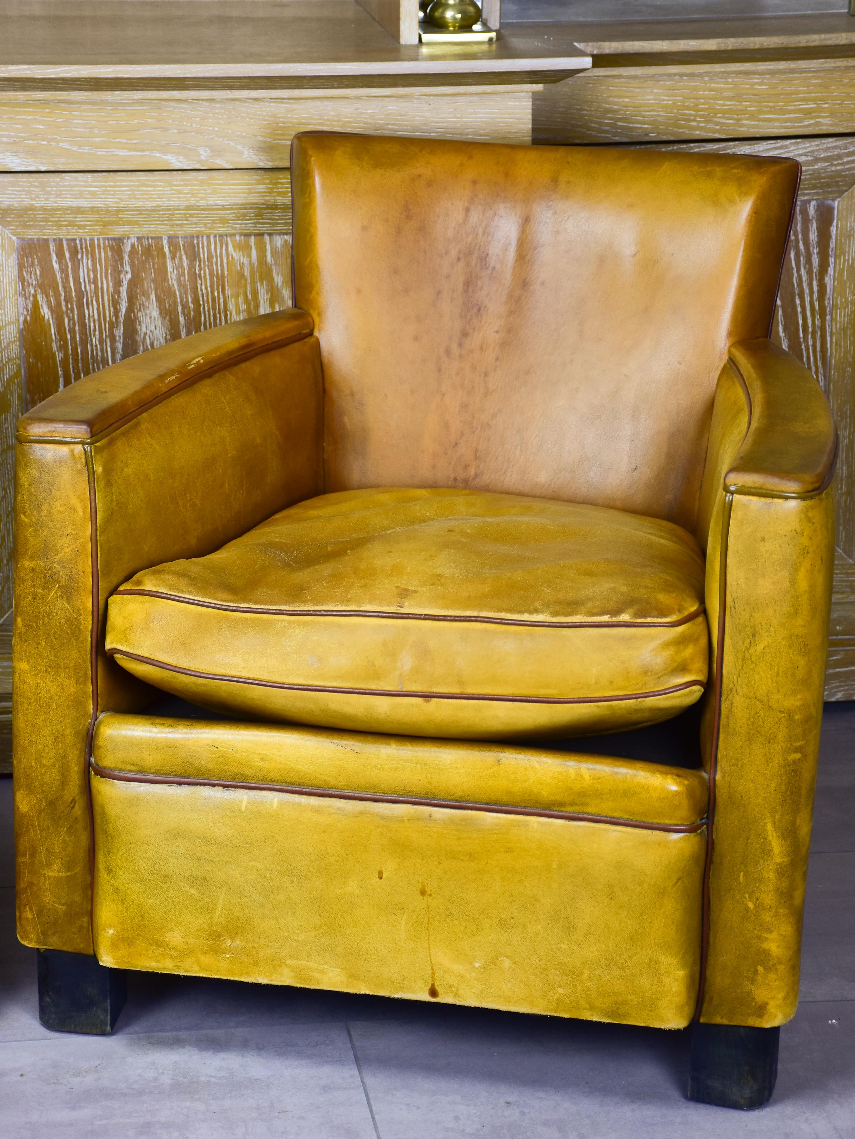 Pair of vintage French leather club chairs