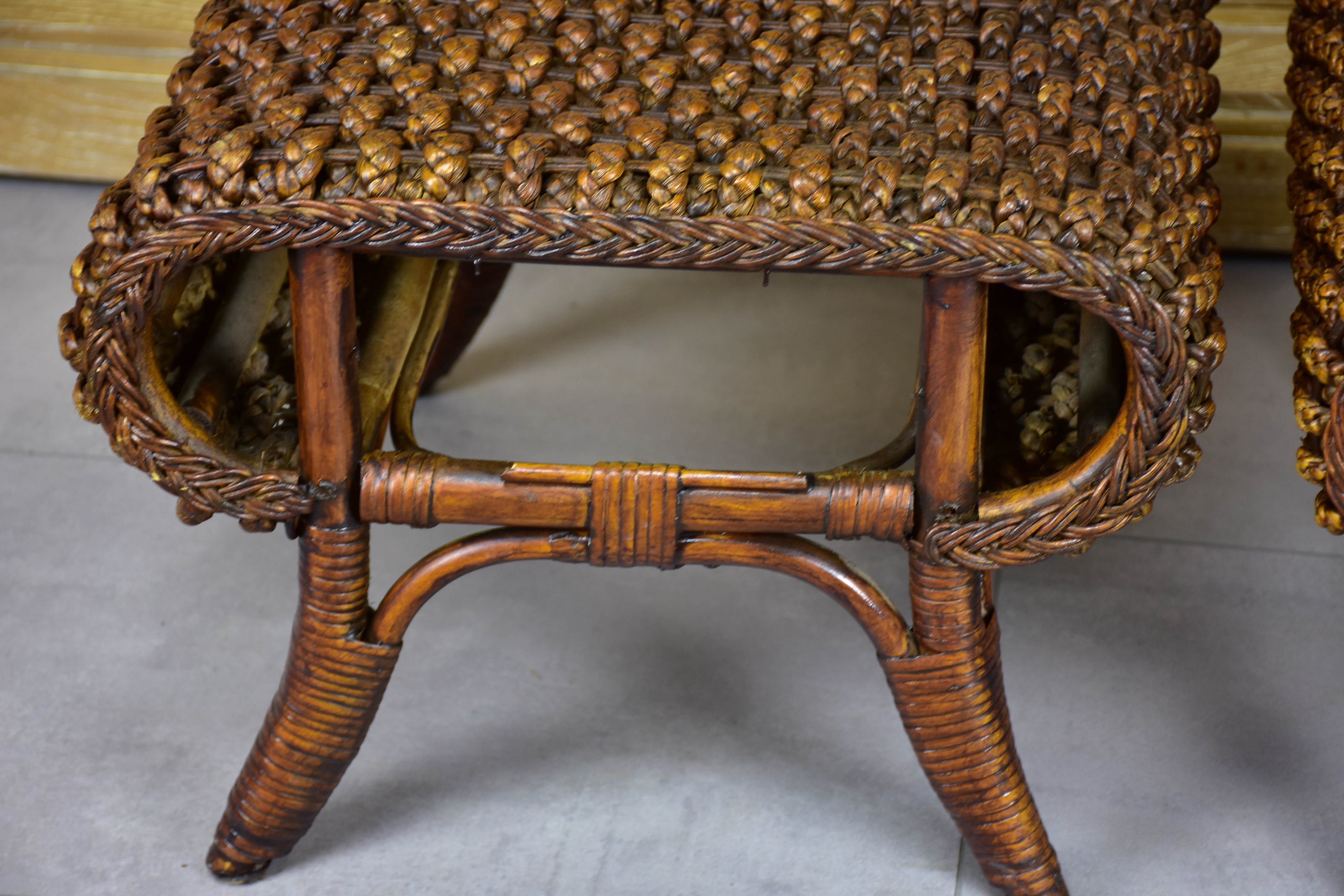 Pair of vintage rattan and cane footstools