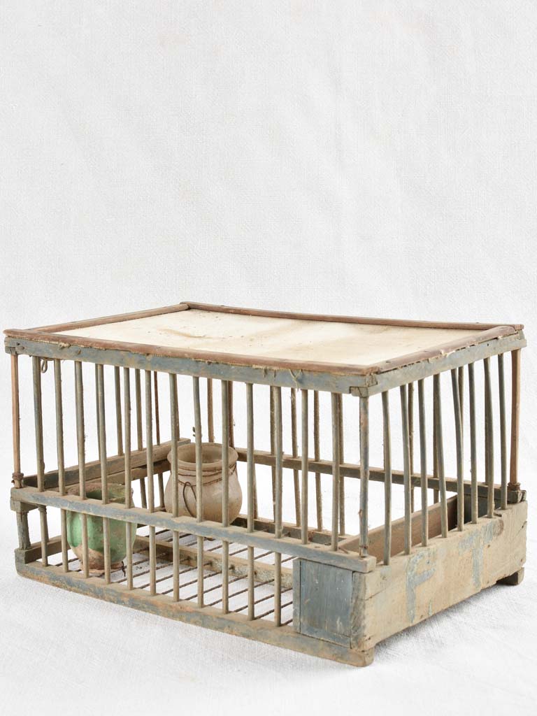 Antique French wooden birdcage with white fabric top 7½"