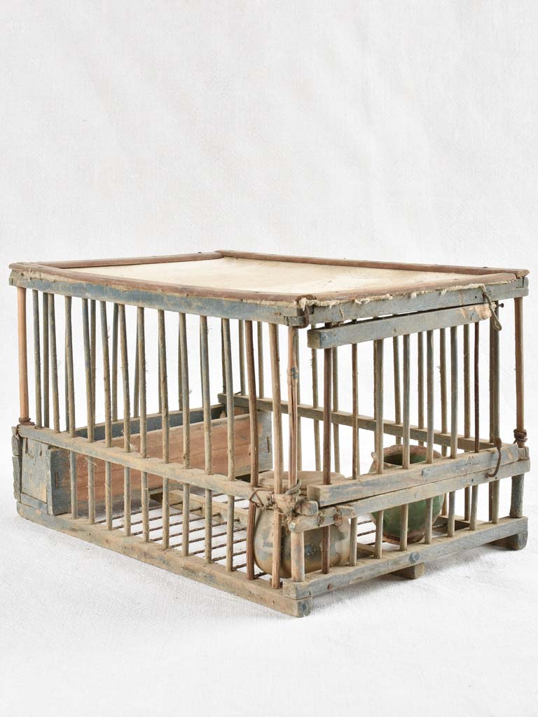 Antique French wooden birdcage with white fabric top 7½"