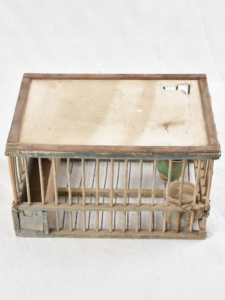 Antique French wooden birdcage with white fabric top 7½"