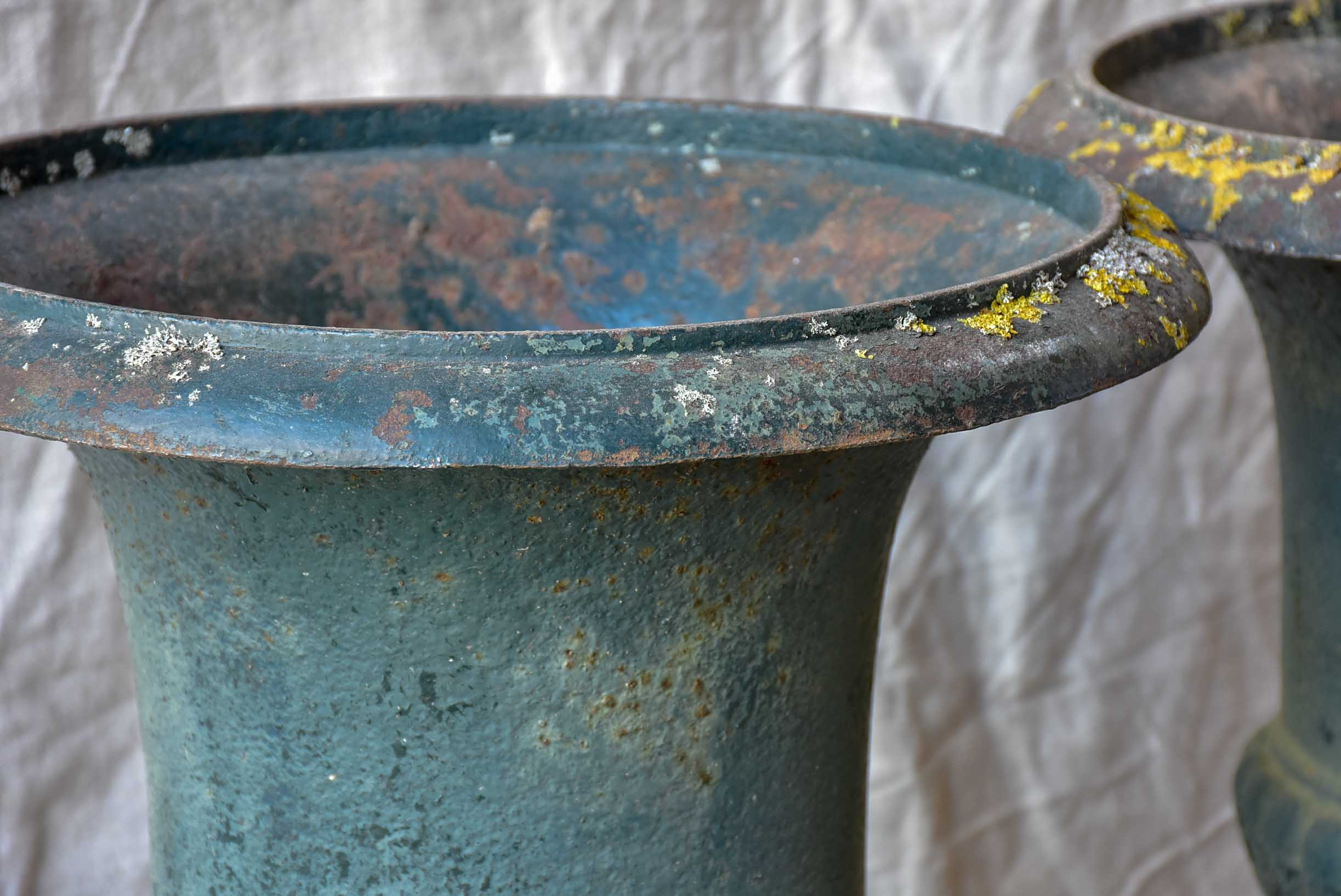 Pair of large antique French Medici garden urns with green patina