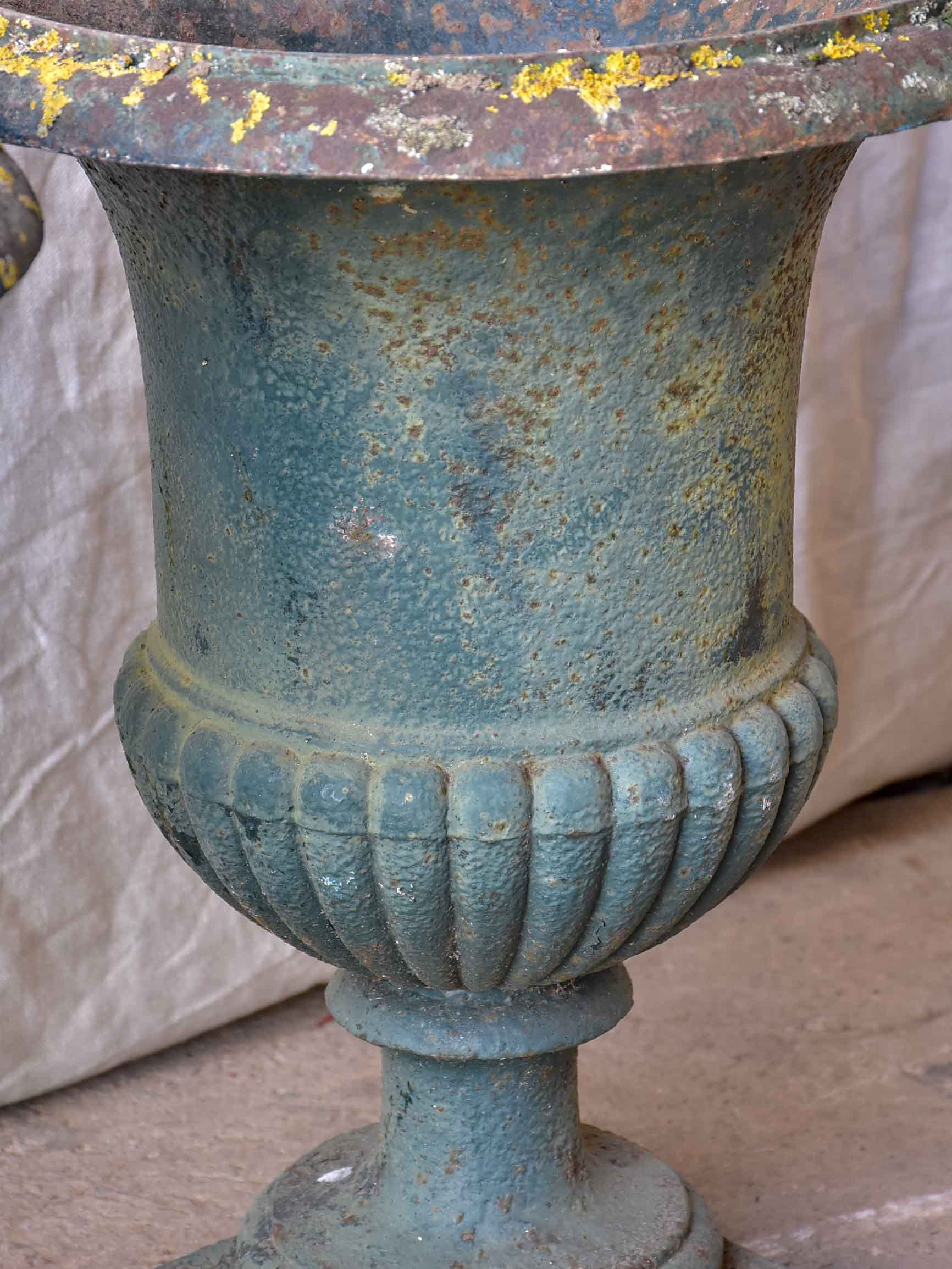 Pair of large antique French Medici garden urns with green patina