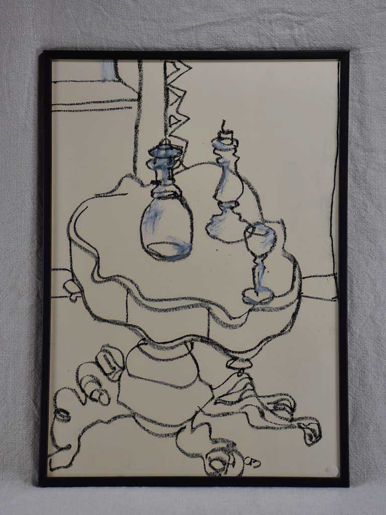 3/4 Still life with carafe, candlestick and wine glass - charcoal on paper - Caroline Beauzon 18½ x 26""