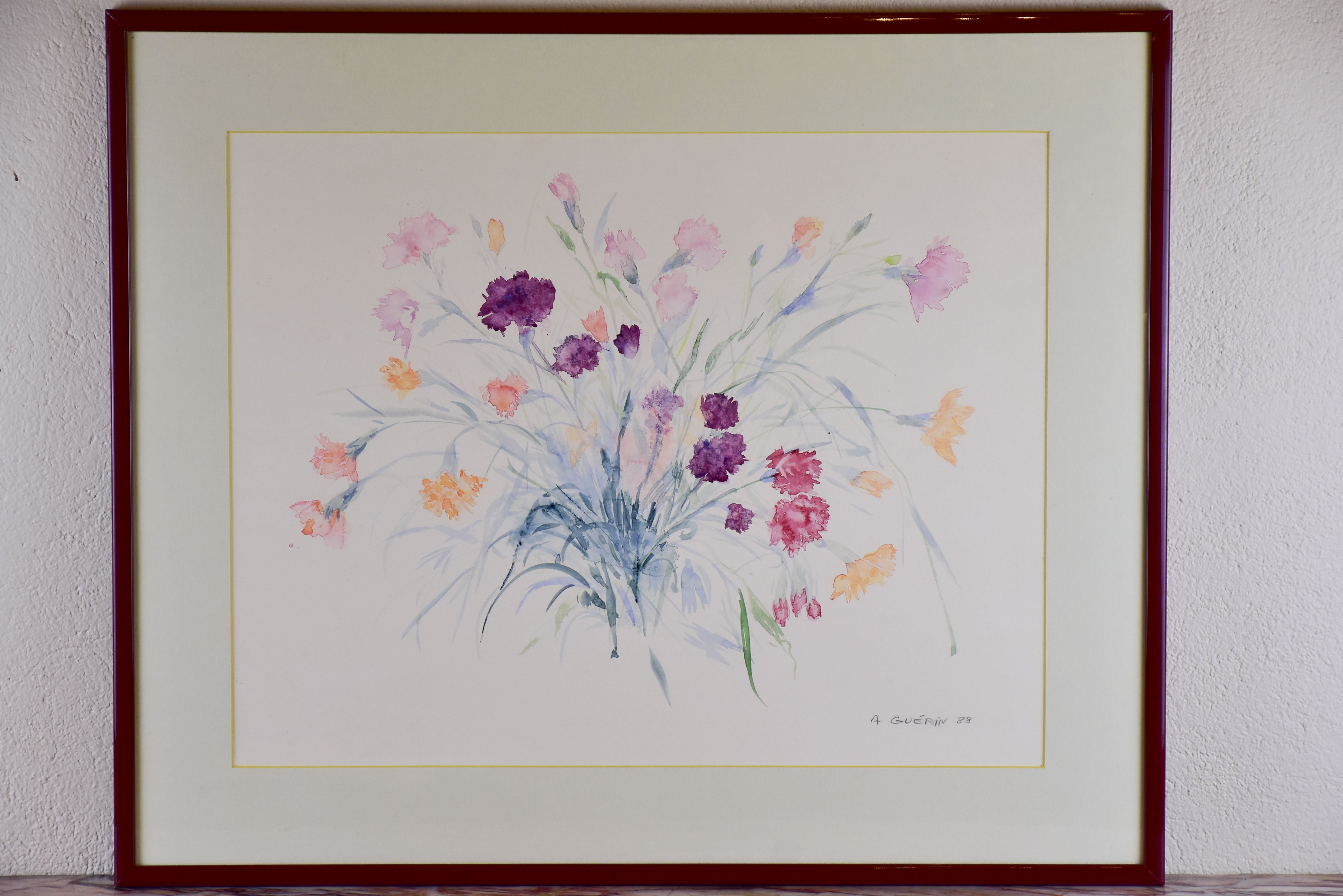 Vintage French watercolour painting - Carnations 28” x 23 ¼''