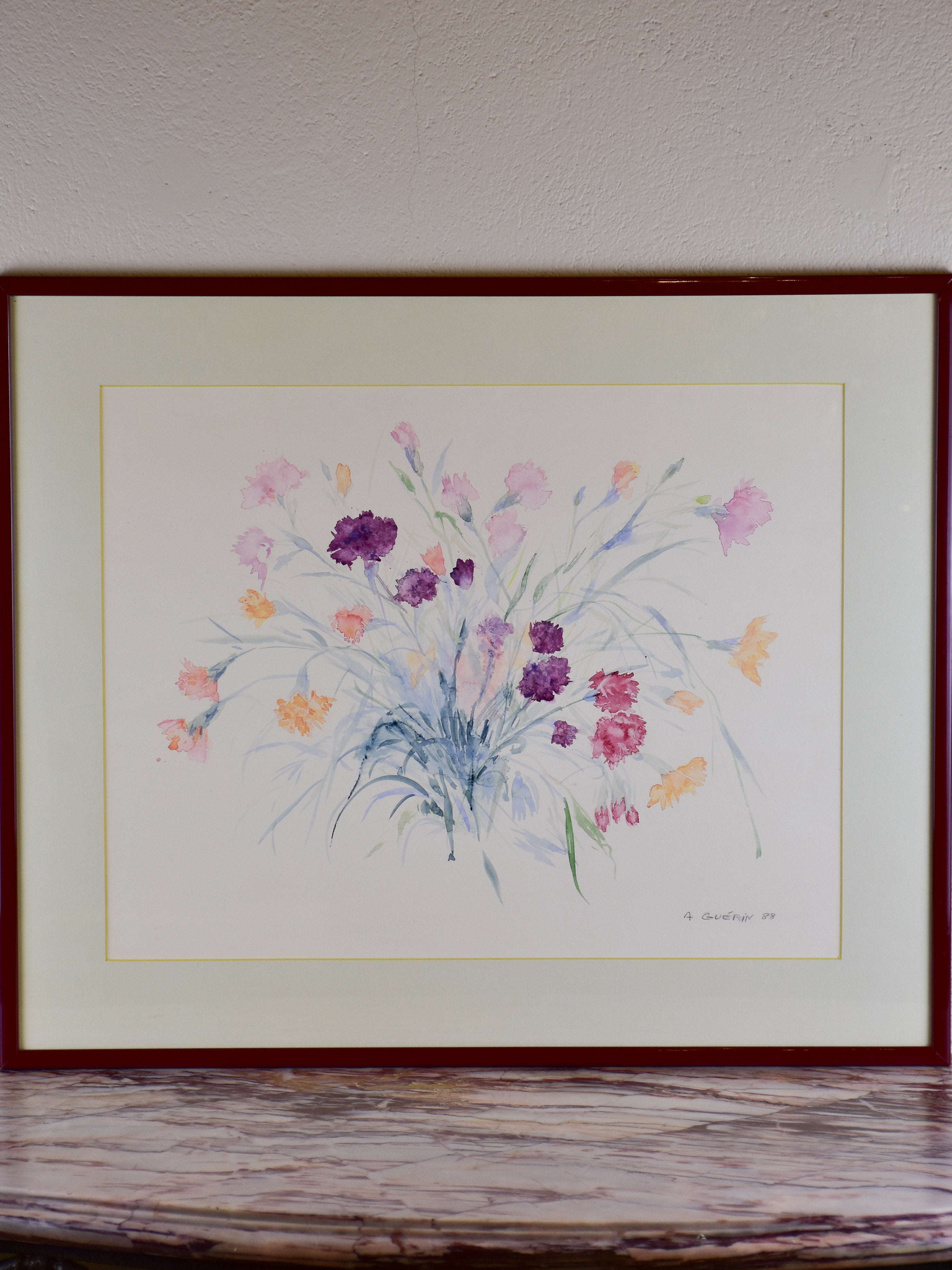 Vintage French watercolour painting - Carnations 28” x 23 ¼''