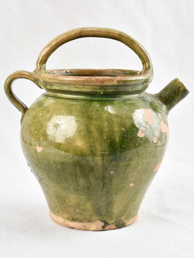 Antique olive green water cruche orjol from south west France