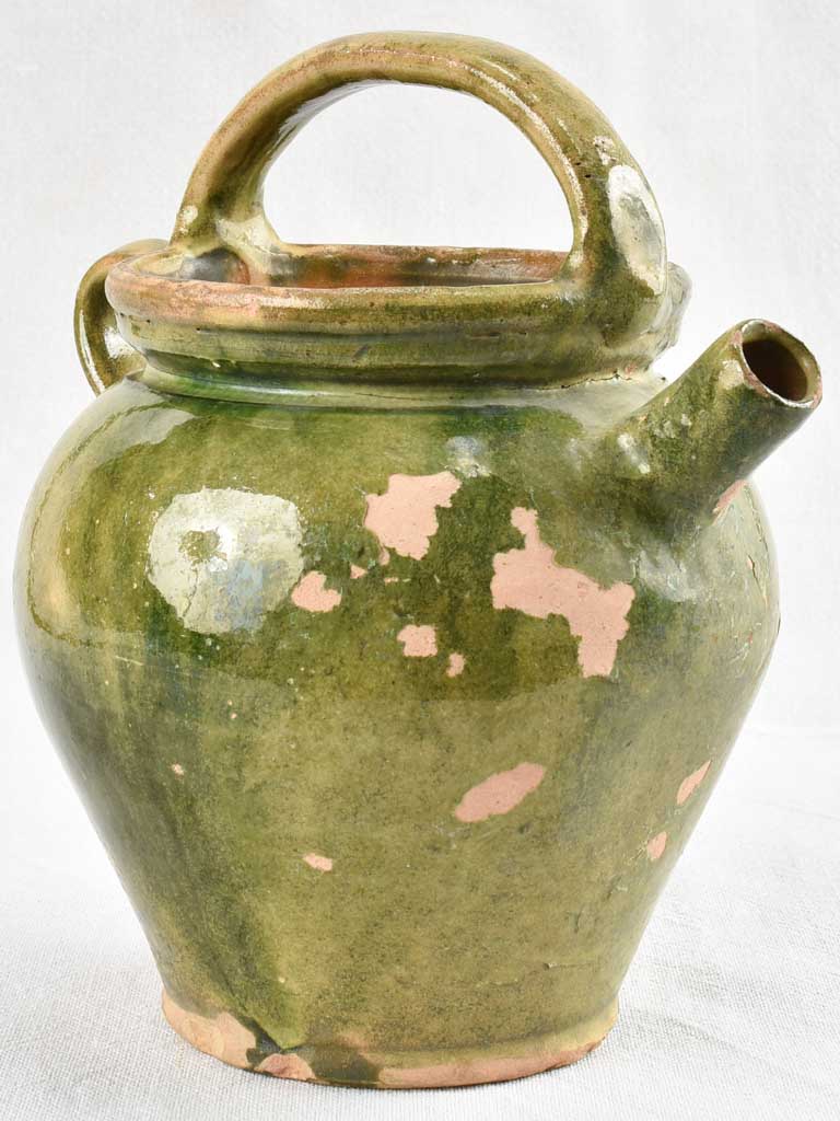 Antique olive green water cruche orjol from south west France