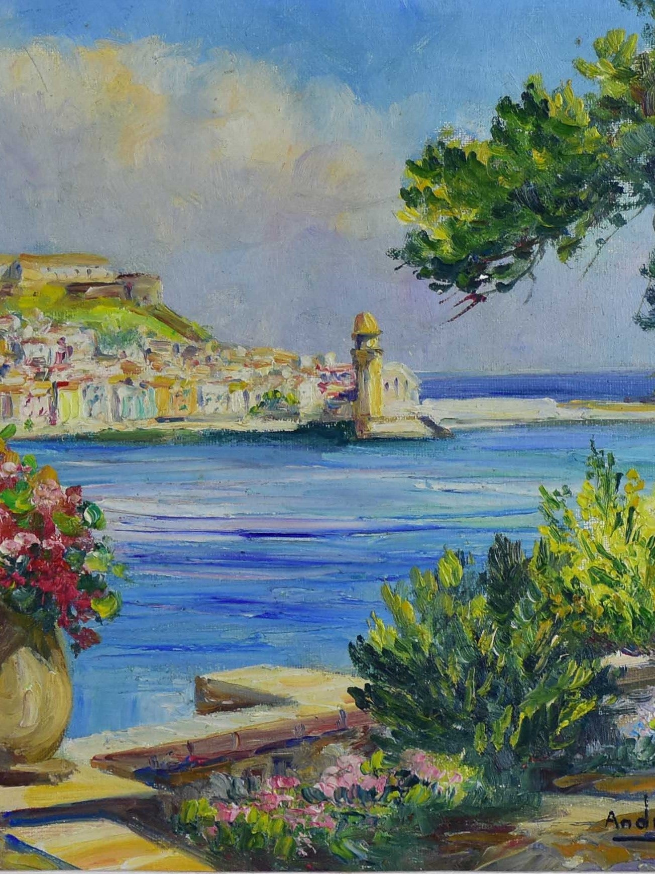 Late 19th century French painting of the Mediterranean coast - André Couchet 19 ¼'' x 16 ¼''