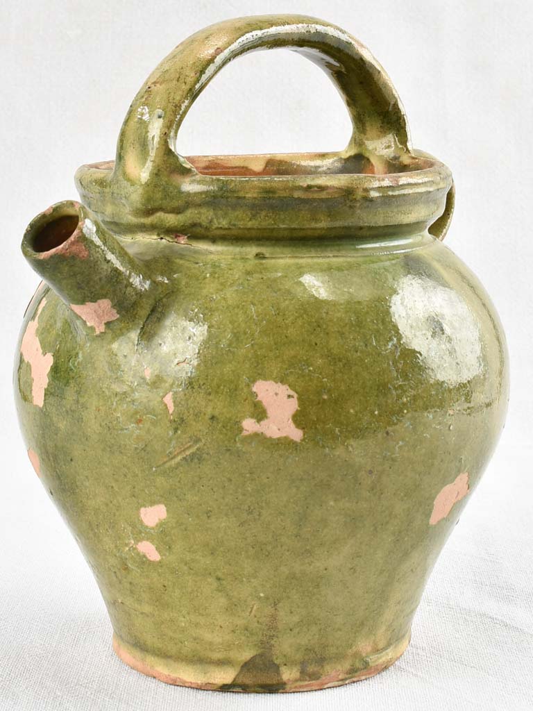 Antique olive green water cruche orjol from south west France