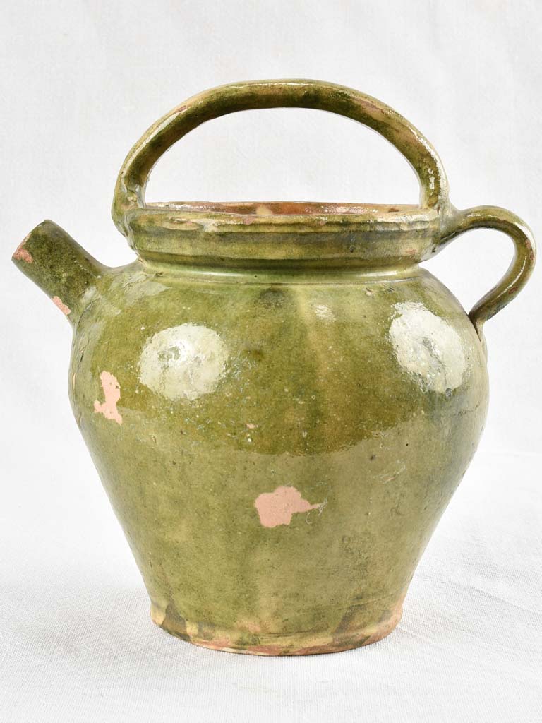 Antique olive green water cruche orjol from south west France