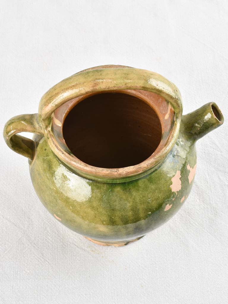 Antique olive green water cruche orjol from south west France