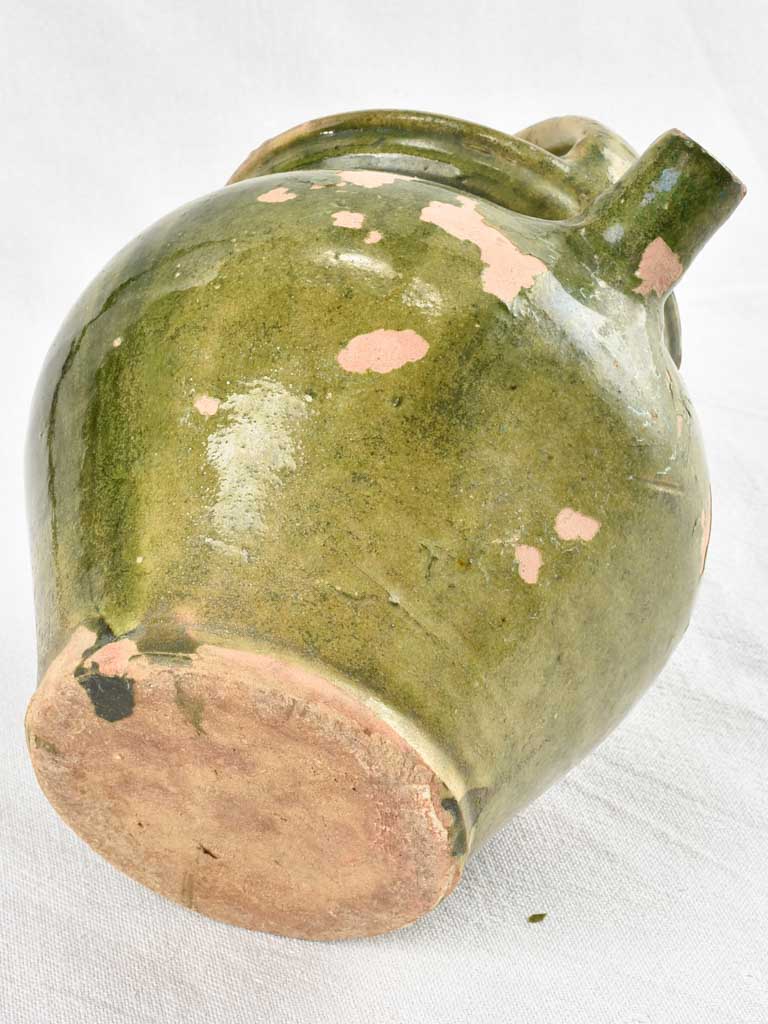 Antique olive green water cruche orjol from south west France