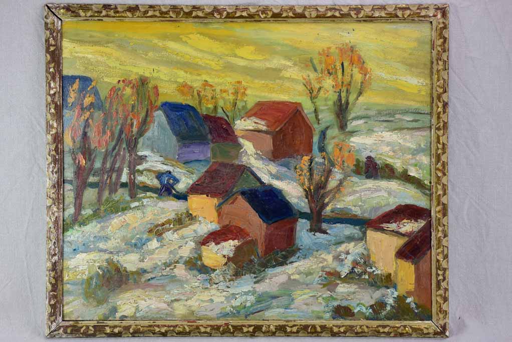 20th Century oil on wood - Autumn snow in a village in Provence - Anna Costa 34¼" x 28"