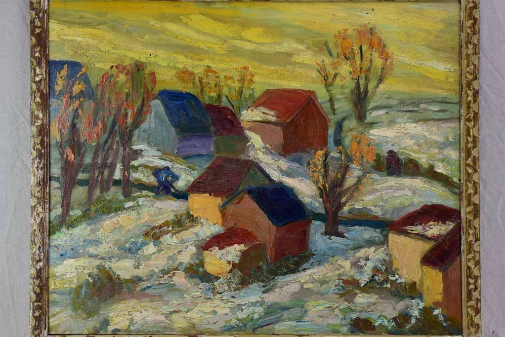 20th Century oil on wood - Autumn snow in a village in Provence - Anna Costa 34¼" x 28"