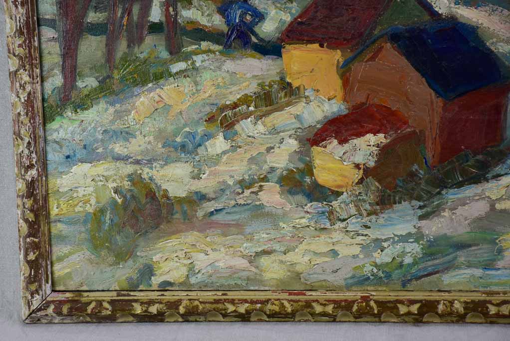 20th Century oil on wood - Autumn snow in a village in Provence - Anna Costa 34¼" x 28"