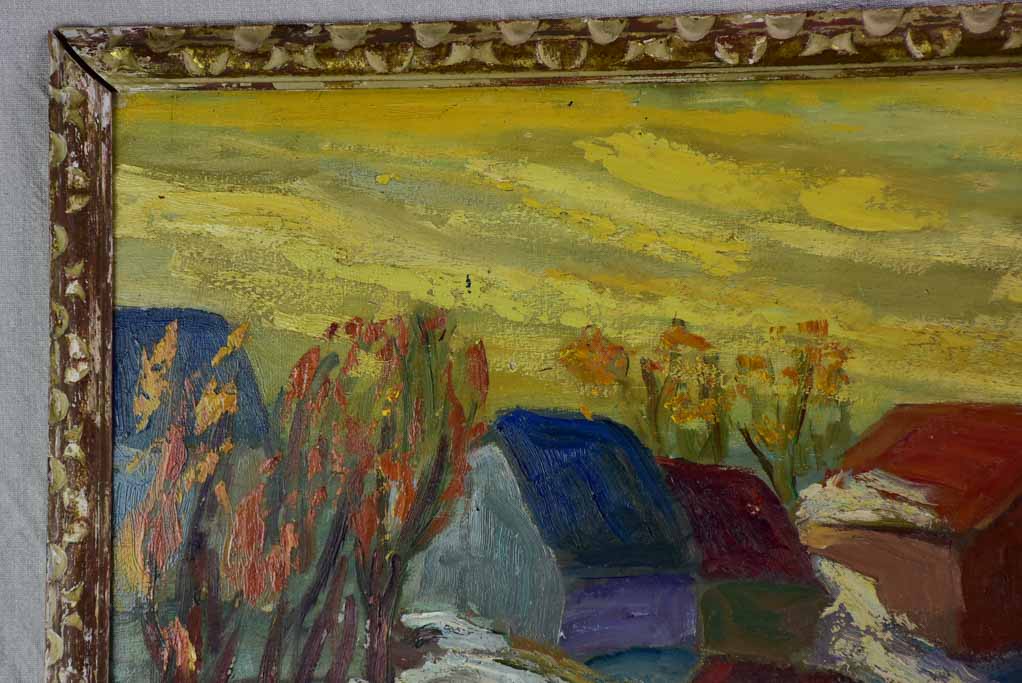 20th Century oil on wood - Autumn snow in a village in Provence - Anna Costa 34¼" x 28"