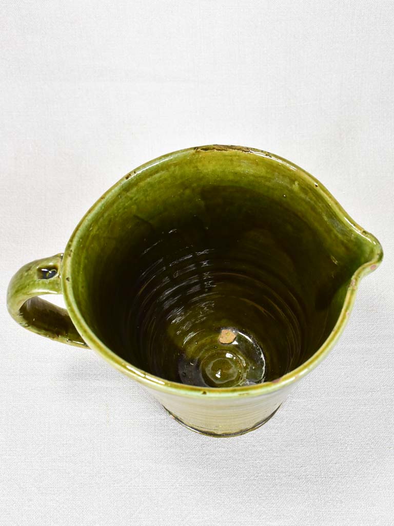 1930's ceramic pitcher with green glaze 8"