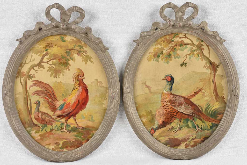Pair of 18th century paintings of pheasants & rooster 10¾" x 15¼"