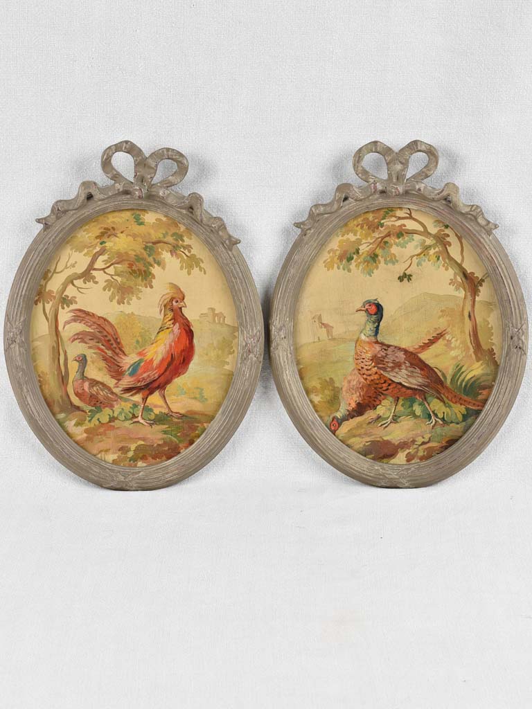 Pair of 18th century paintings of pheasants & rooster 10¾" x 15¼"