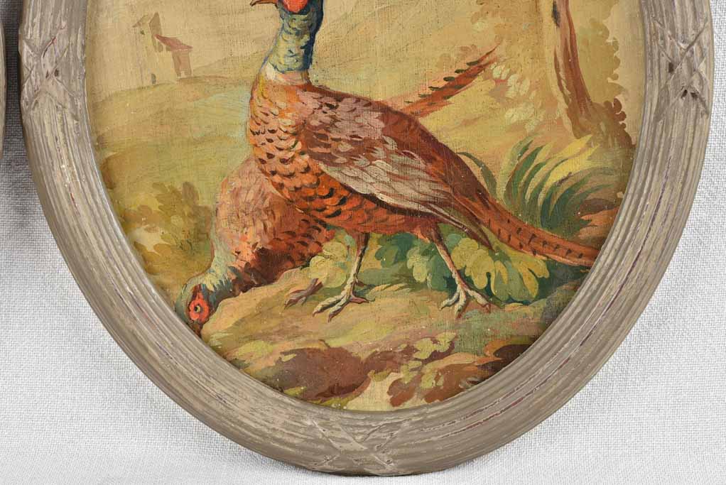 Pair of 18th century paintings of pheasants & rooster 10¾" x 15¼"