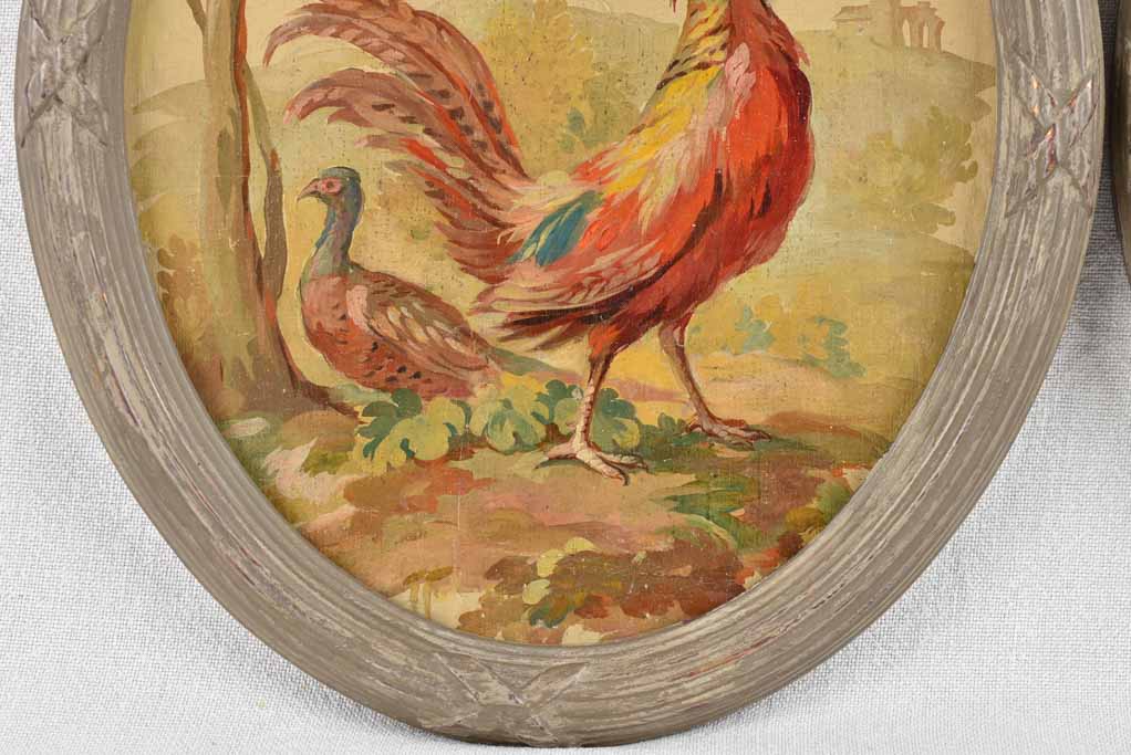 Pair of 18th century paintings of pheasants & rooster 10¾" x 15¼"