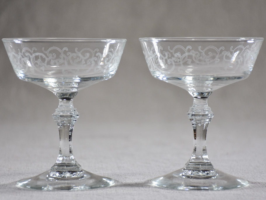 Set of ten acid etched champagne cups from the 1930's