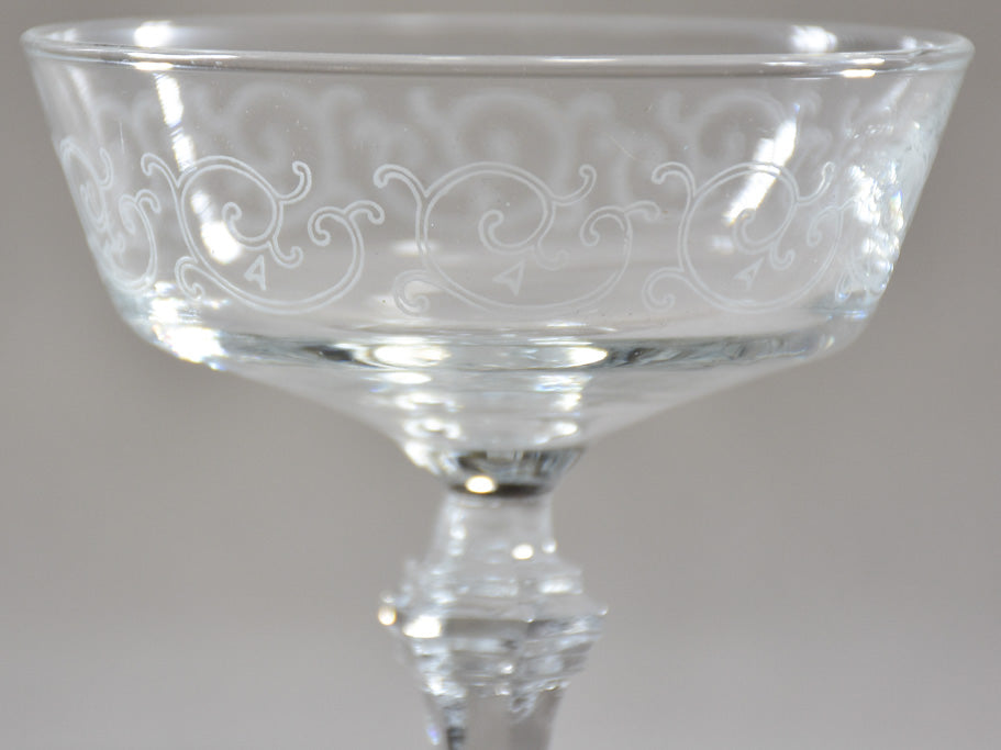 Set of ten acid etched champagne cups from the 1930's