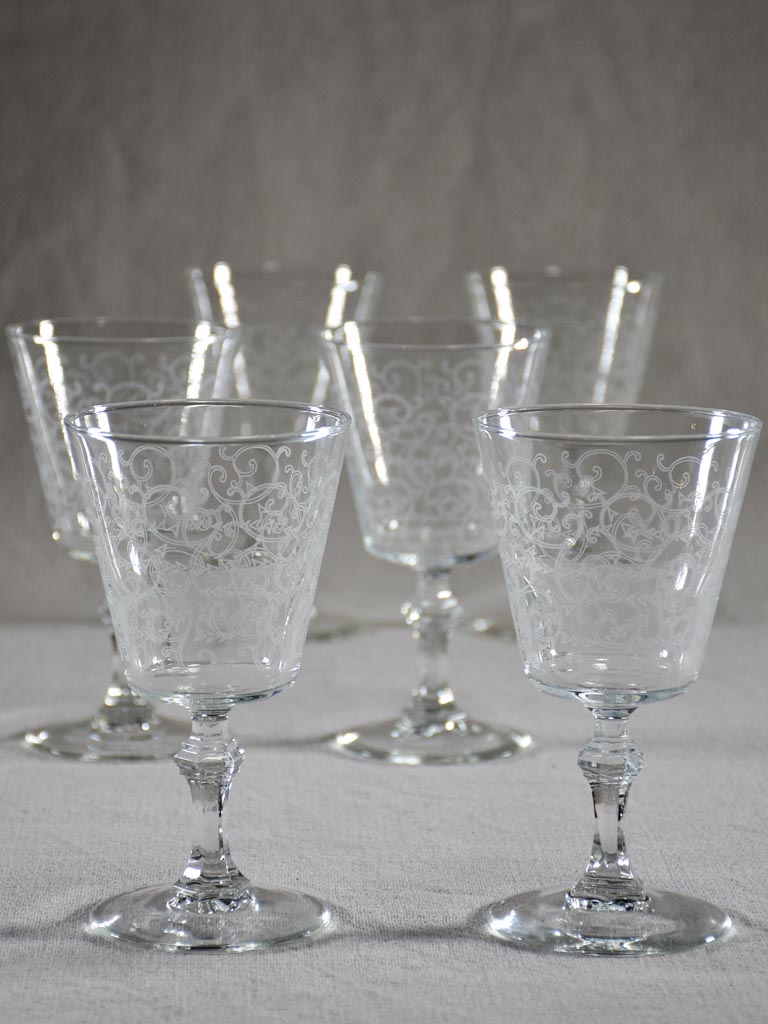 Set of six acid etched wine glasses from the 1930's
