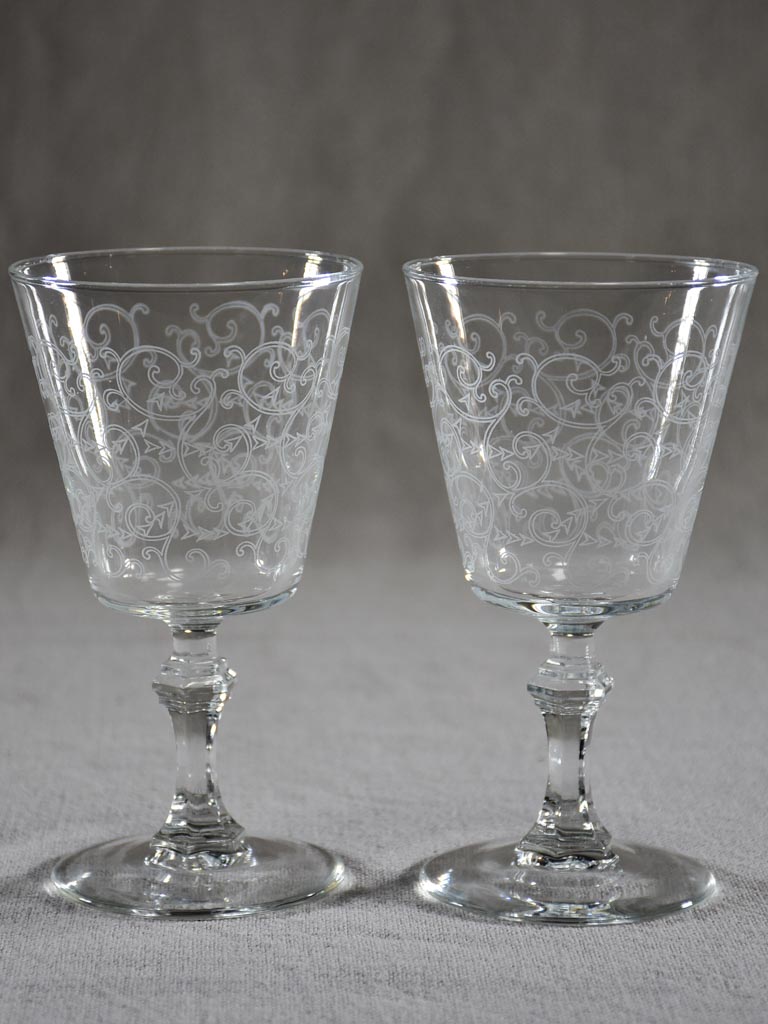 Set of six acid etched wine glasses from the 1930's