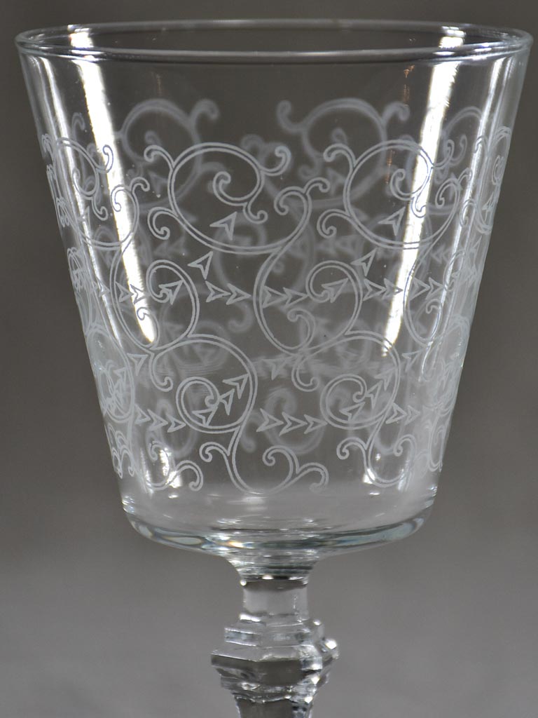 Set of six acid etched wine glasses from the 1930's