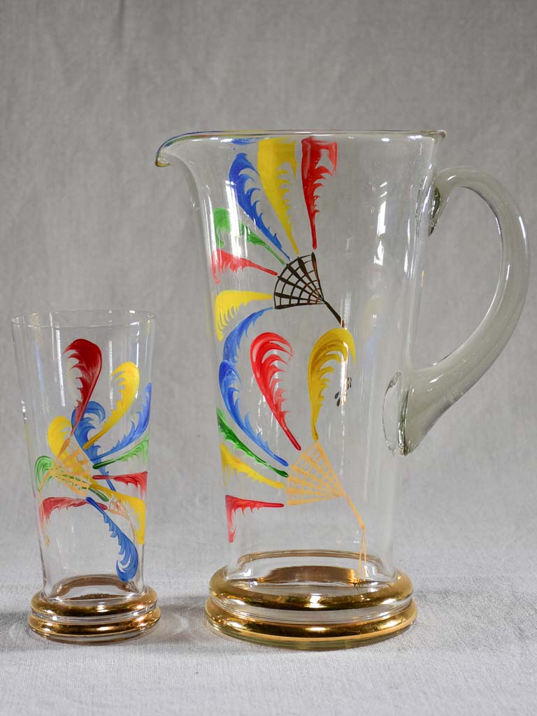 Rare set of eight tumblers with pitcher hand painted with feathers - Monte Carlo