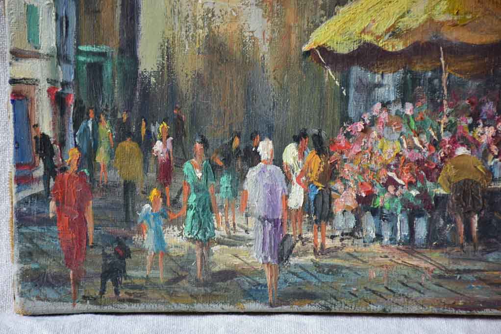 Mid century French painting of L'Isle-sur-la-Sorgue flower market 18" x 21¾"