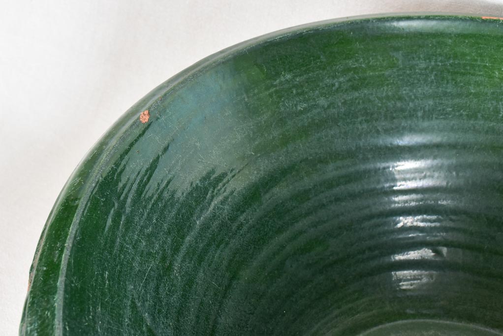 Very large antique French tian bowl with dark green glaze 28"