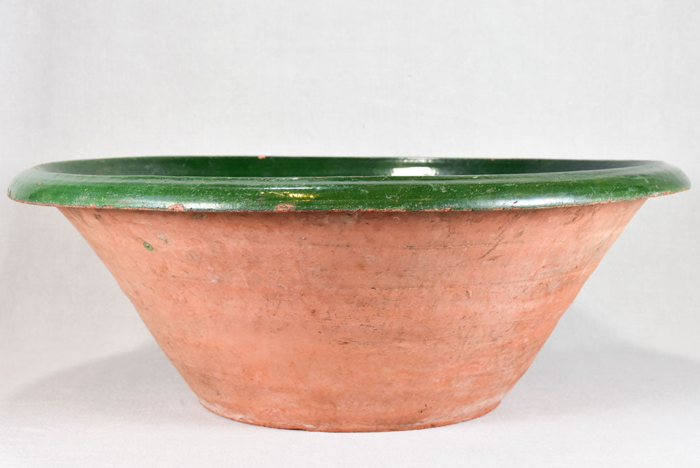 Very large antique French tian bowl with dark green glaze 28"