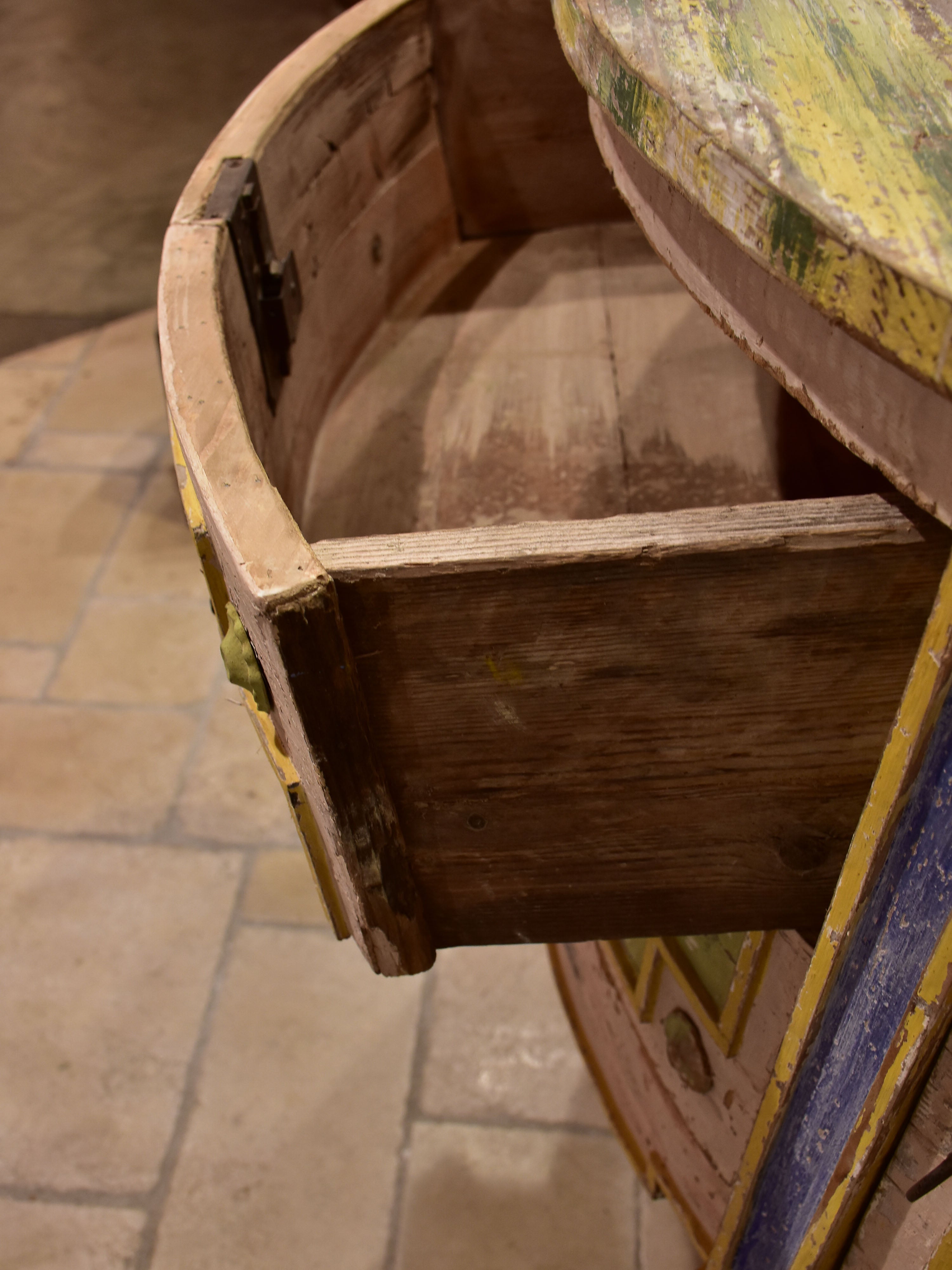 Demilune commode with pink, green, yellow and blue patina