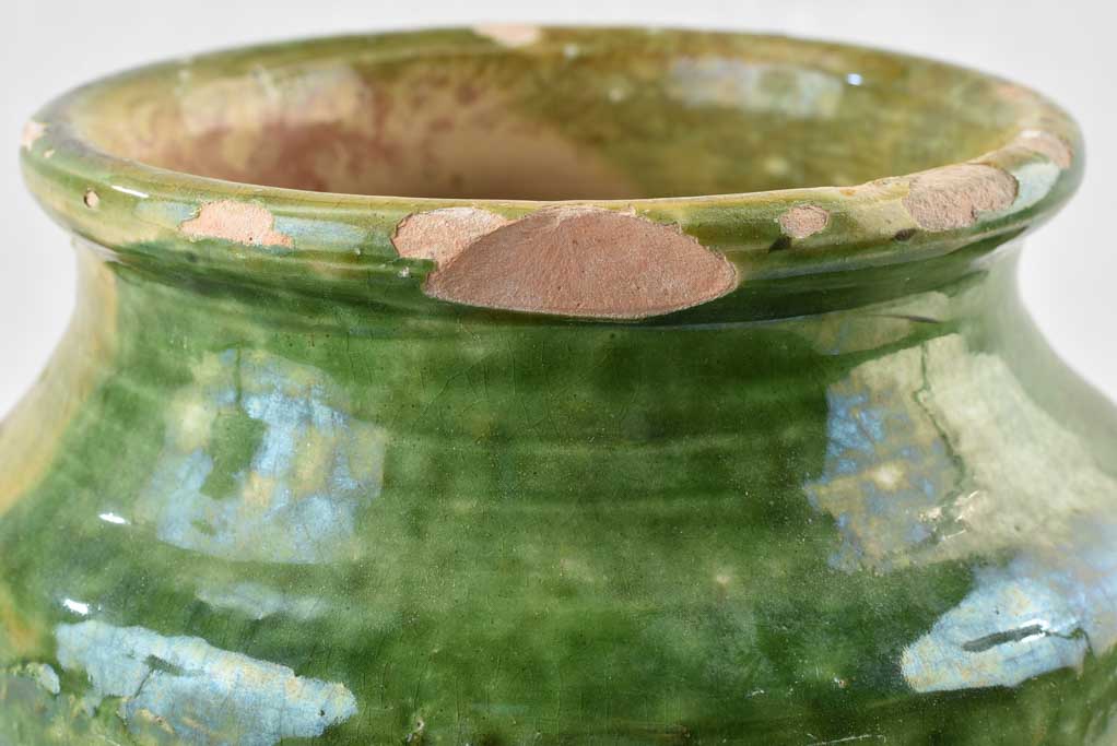Antique French confit pot with green glaze - 9¾"