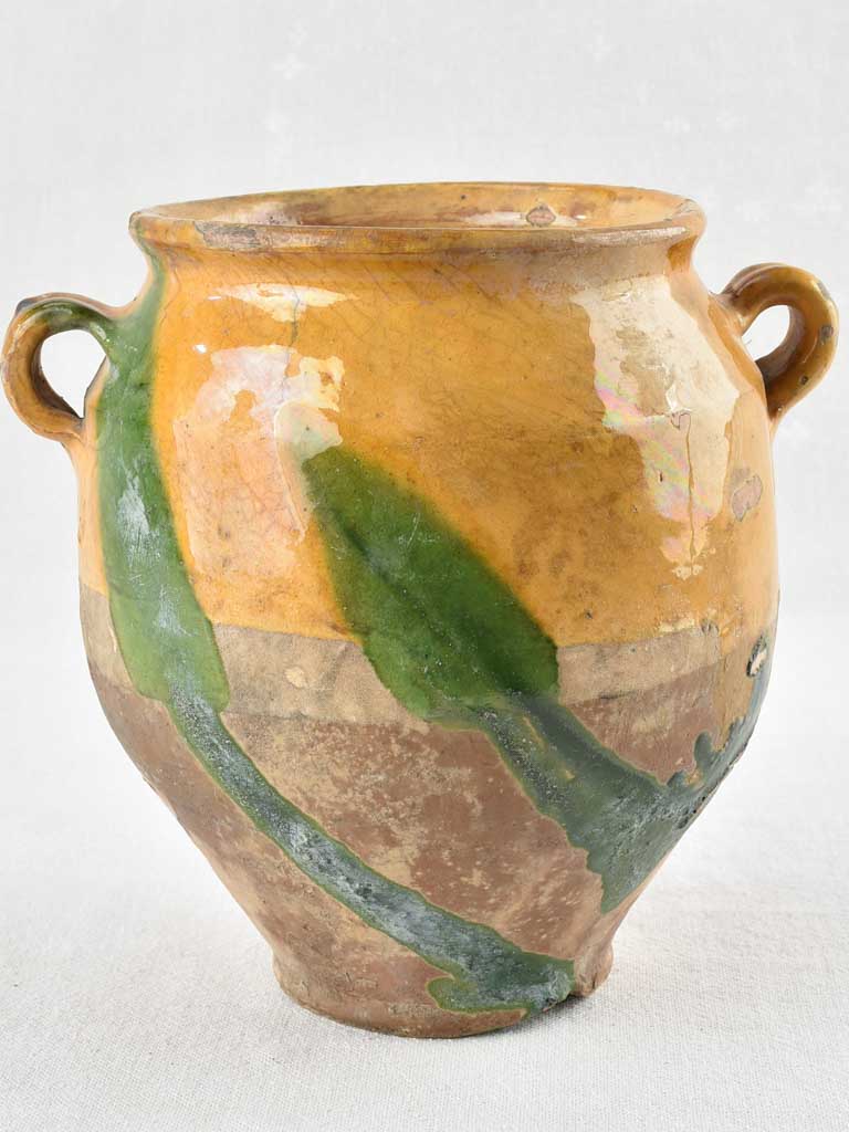Antique French confit pot with ocher & green glaze - 9"