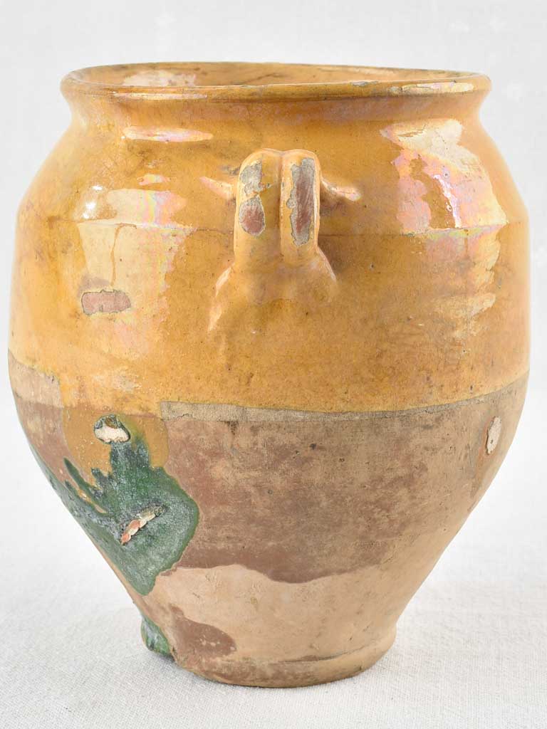 Antique French confit pot with ocher & green glaze - 9"