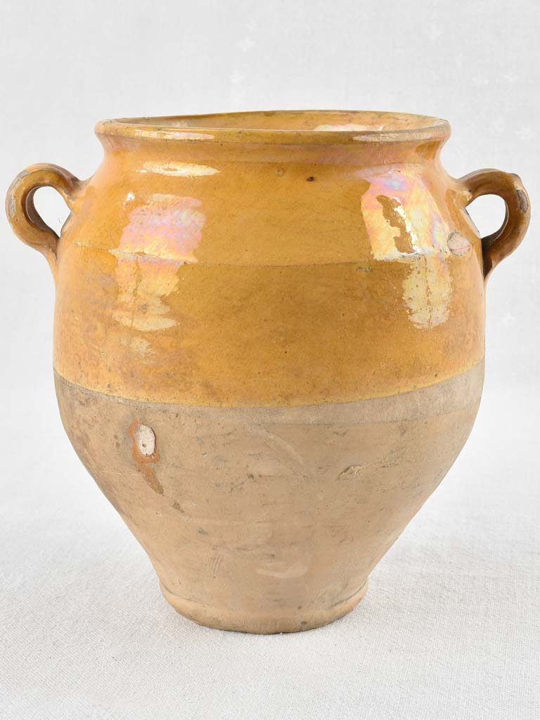 Antique French confit pot with ocher & green glaze - 9"