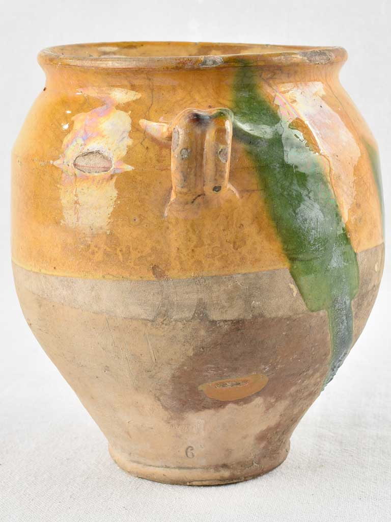 Antique French confit pot with ocher & green glaze - 9"