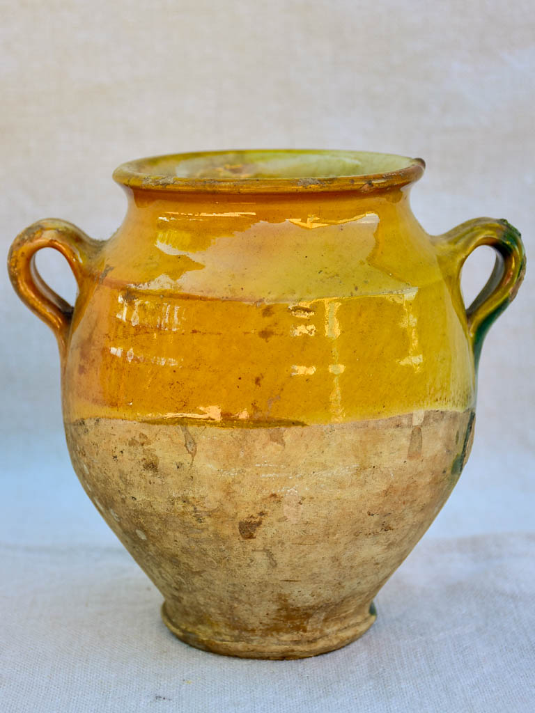 Small 19th Century French confit pot with orange glaze and a green splash 6¼"