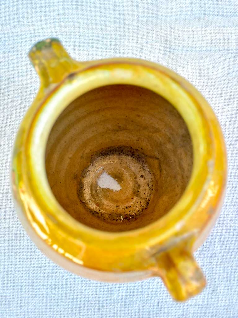 Small 19th Century French confit pot with orange glaze and a green splash 6¼"