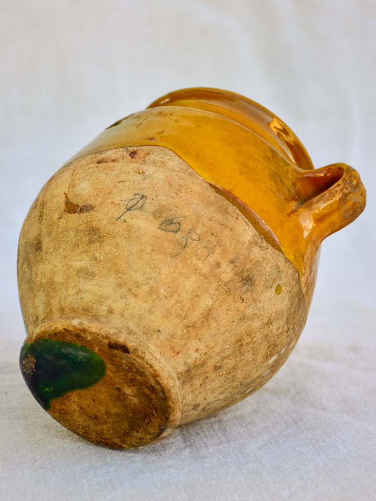 Small 19th Century French confit pot with orange glaze and a green splash 6¼"