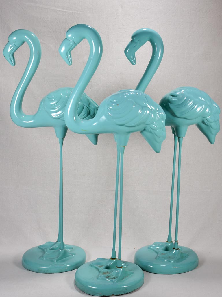 Collection of 3 life size vintage Flamingos - aqua blue resin and iron 47¼"