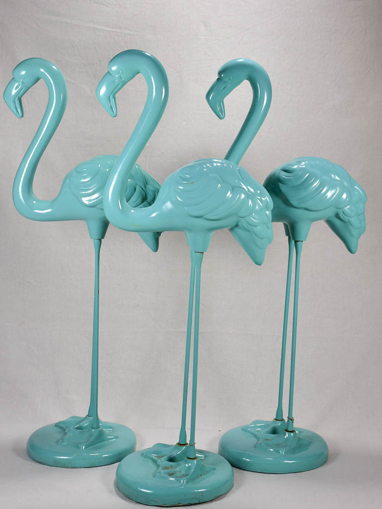 Collection of 3 life size vintage Flamingos - aqua blue resin and iron 47¼"